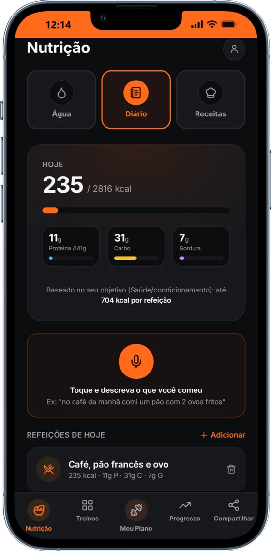 Tela Diário do IronFit Nutrição, com calorias e macros do dia