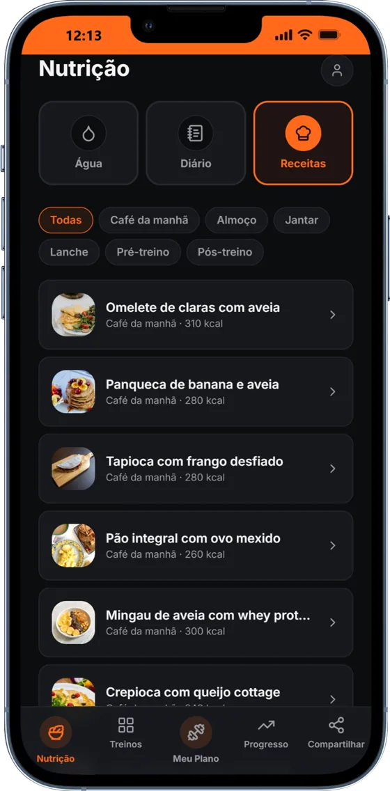 Tela Receitas do IronFit Nutrição, lista de receitas prontas com foto